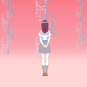 a screencap of kashiki yuno from her first trial song, umbilical. she is standing with her back to the camera, three staircases in the shape of a helix before her.